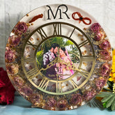 Epoxy Wall Clock with Preserved Couple Photo & Garland Flower